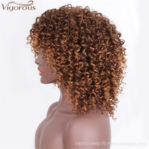 Vigorous Free Sample Short Length Glueless Wig Kinky Curly Ombre Brown Color Heat Resistant Fiber Synthetic Hair Wigs